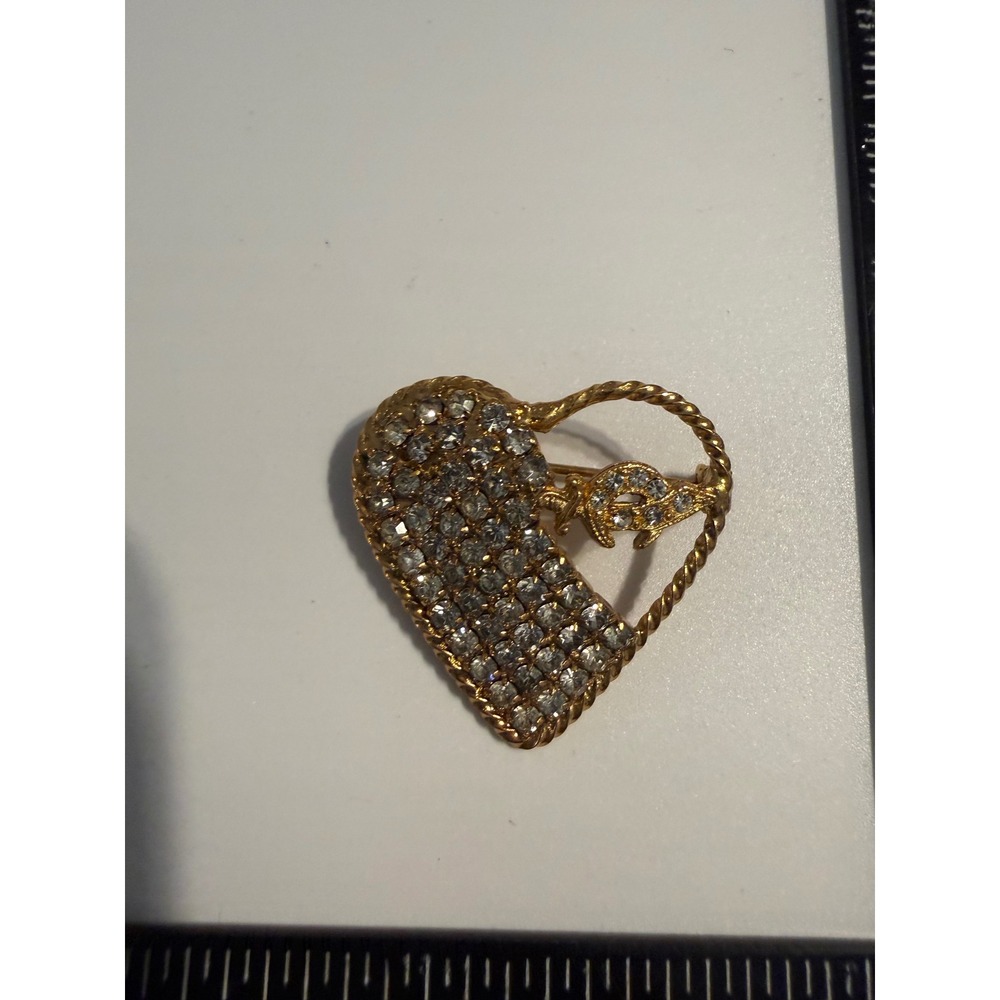 Vintage Gold Tone Heart Fish Brooch Clear Rhinestone Pavé Nautical Pin